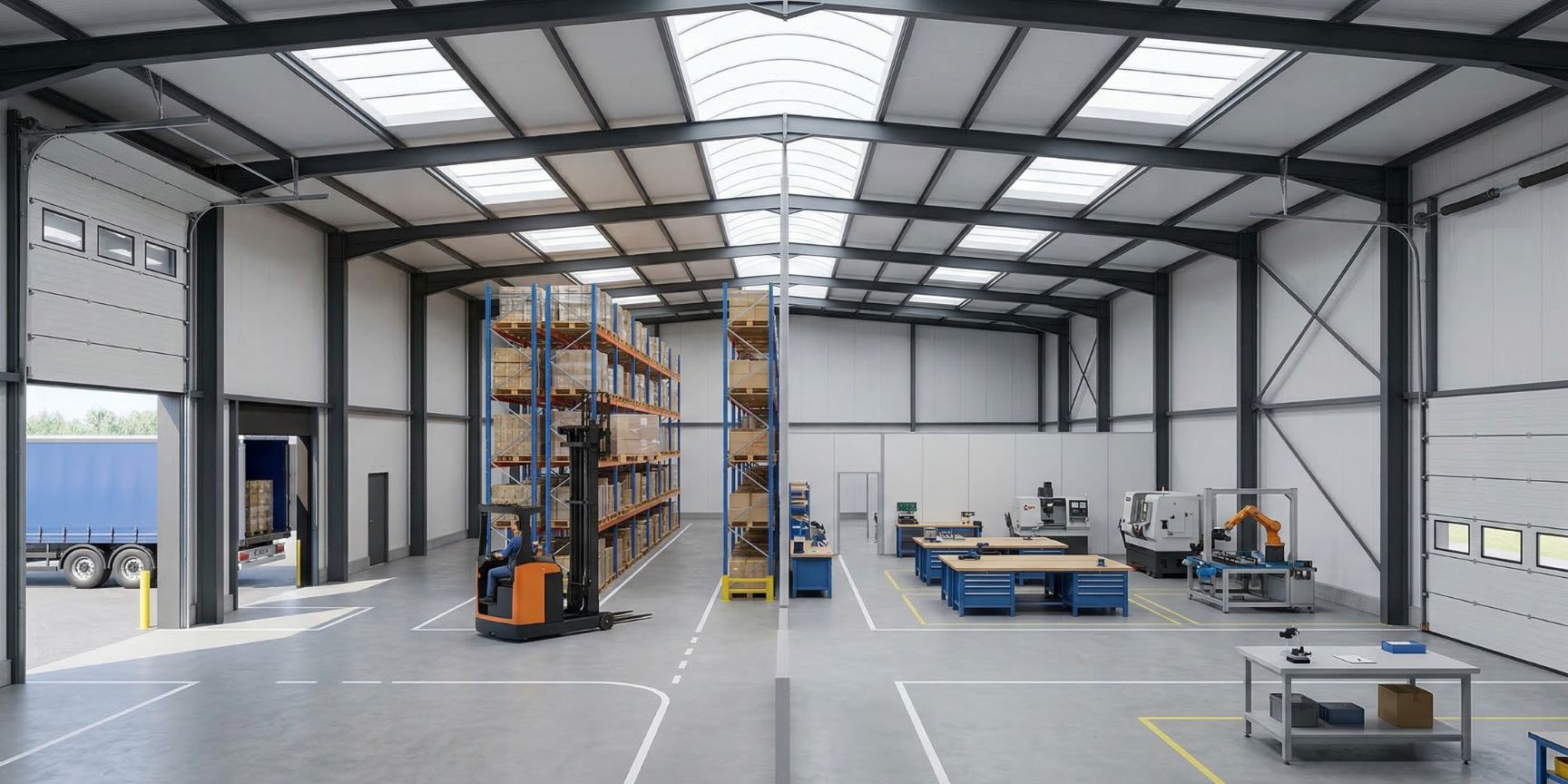 Innenansicht einer flexiblen Dual-Use-Halle: Linke Seite mit Logistikregalen und Stapler, rechte Seite mit leichter Produktion, Montageplätzen und Maschinen.